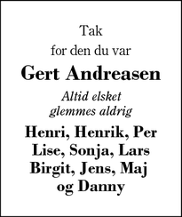 Dødsannoncen for Gert Andreasen - Herning