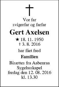 Dødsannoncen for Gert Axelsen - Haderslev