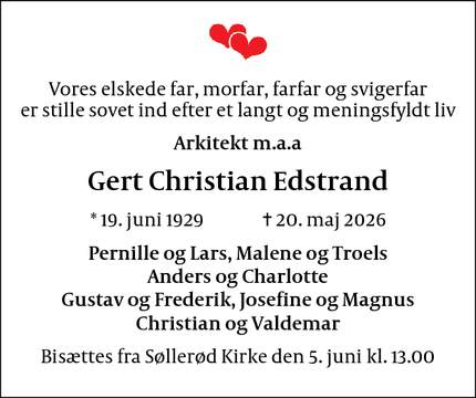 Dødsannoncen for Gert Christian Edstrand - Charlottenlund