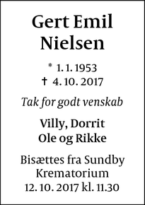 Dødsannoncen for Gert Emil Nielsen - København 