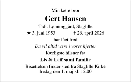 Dødsannoncen for Gert Hansen - Slaglille