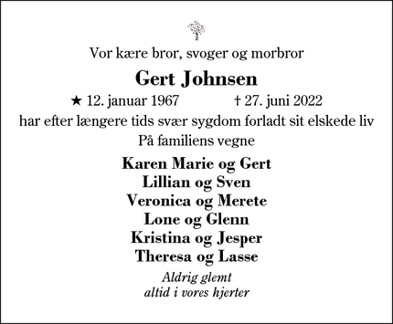 Dødsannoncen for Gert Johnsen - Timring