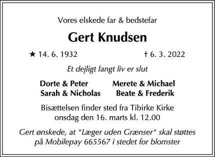 Dødsannoncen for Gert Knudsen - Frederiksberg