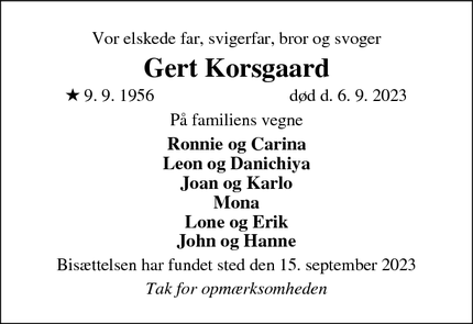 Dødsannoncen for Gert Korsgaard - Karstoft