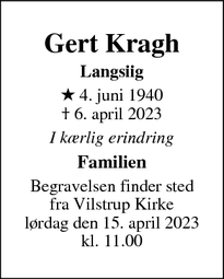 Dødsannoncen for Gert Kragh - Sønder Vilstrup