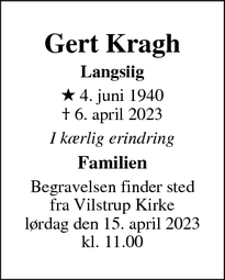 Dødsannoncen for Gert Kragh - Sønder Vilstrup