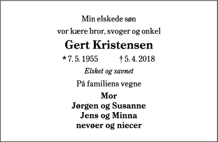 Dødsannoncen for Gert Kristensen - Oksbøl