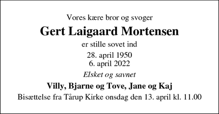 Dødsannoncen for Gert Laigaard Mortensen - Vinderup