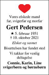 Dødsannoncen for Gert Pedersen - Kalvehave