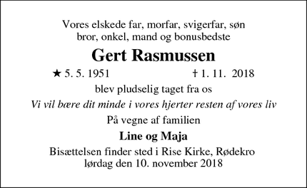 Dødsannoncen for Gert Rasmussen - Rødekro, Danmark