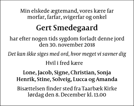 Dødsannoncen for Gert Smedegaard - Taarbæk