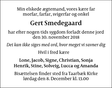 Dødsannoncen for Gert Smedegaard - Taarbæk