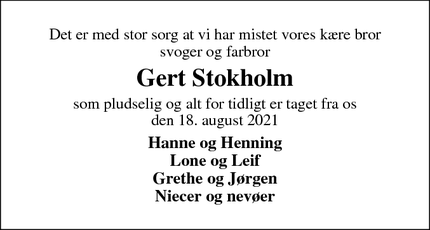 Dødsannoncen for Gert Stokholm - Sørvad