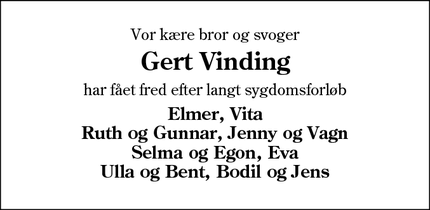 Dødsannoncen for Gert Vinding - Vejen