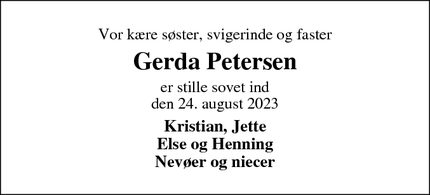 Dødsannoncen for Gerda Petersen - Esbjerg