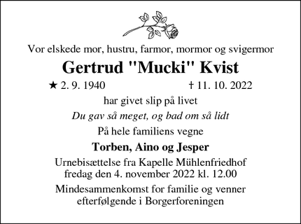 Dødsannoncen for Gertrud "Mucki" Kvist - Flensborg