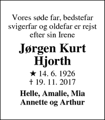Dødsannoncen for Jørgen Kurt Hjorth - 2830 Virum