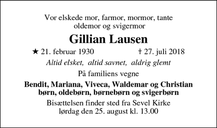Dødsannoncen for Gillian Lausen - Lockerbie