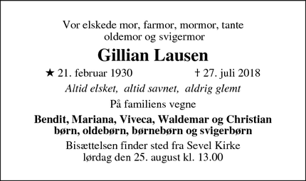 Dødsannoncen for Gillian Lausen - Lockerbie