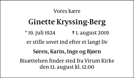 Dødsannoncen for Ginette Kryssing-Berg - Virum