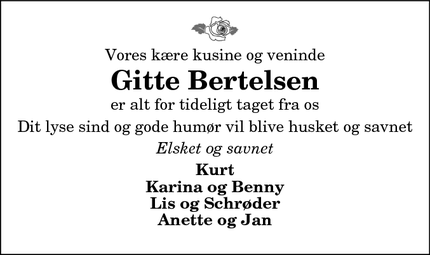 Dødsannoncen for Gitte Bertelsen - Thisted