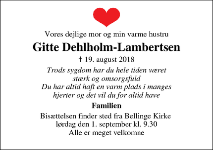 Dødsannoncen for Gitte Dehlholm-Lambertsen - Bellinge