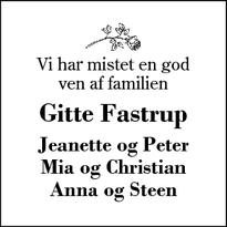 Dødsannoncen for Gitte Fastrup - Herning