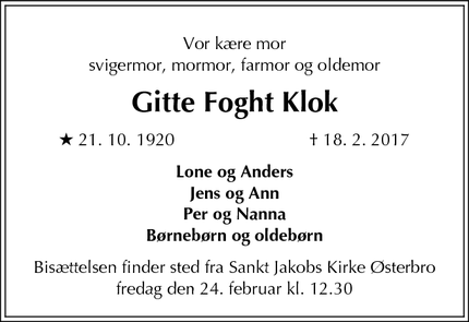 Dødsannoncen for Gitte Foght Klok - København