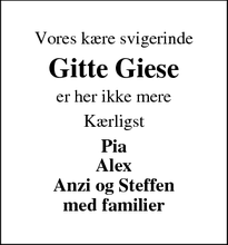 Dødsannoncen for Gitte Giese - Gudhjem 