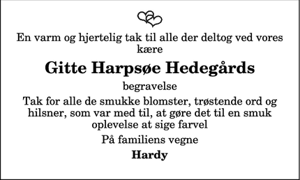 Taksigelsen for Gitte Harpsøe Hedegårds - Hvornum