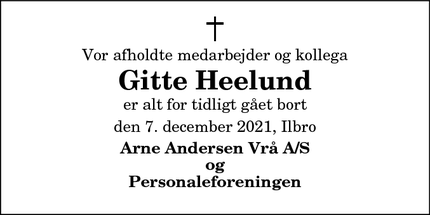 Dødsannoncen for Gitte Heelund - Vrå