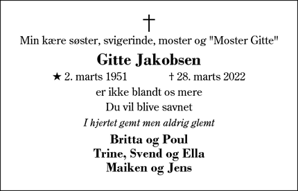 Dødsannoncen for Gitte Jakobsen - Herning
