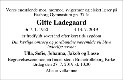 Dødsannoncen for Gitte Ladegaard - Faaborg