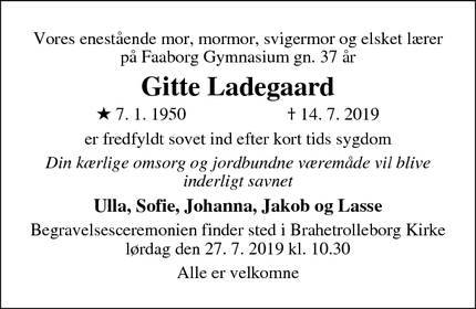 Dødsannoncen for Gitte Ladegaard - Faaborg
