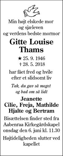 Dødsannoncen for Gitte Louise Thams - Aabenraa