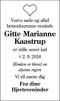 Dødsannoncen for Gitte Marianne Kaastrup - Esbjerg