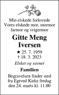 Dødsannoncen for Gitte Meng
Iversen - Egtved 