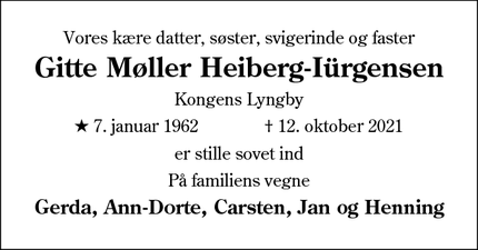 Dødsannoncen for Gitte Møller Heiberg-Iürgensen - 2800 Kgs. Lyngby