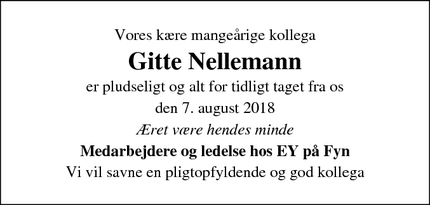 Dødsannoncen for Gitte Nellemann - Birkum
