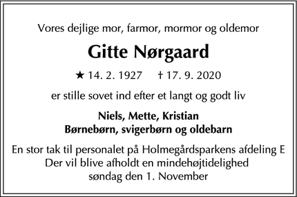 Dødsannoncen for Gitte Nørgaard - Charlottenlund