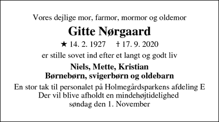 Dødsannoncen for Gitte Nørgaard - Charlottenlund