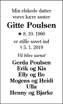 Dødsannoncen for Gitte Poulsen - 6092 Sønder Stenderup