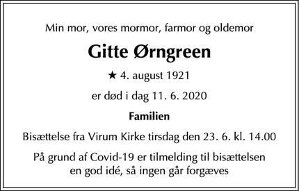 Dødsannoncen for Gitte Ørngreen - Dragør