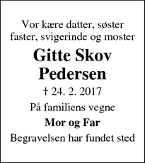Dødsannoncen for Gitte Skov Pedersen - Odder