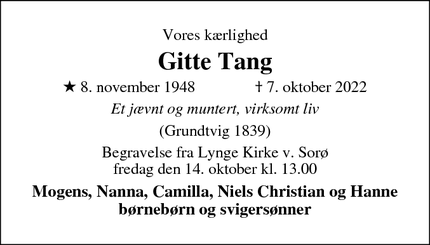 Dødsannoncen for Gitte Tang - Sorø