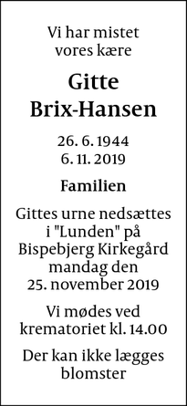 Dødsannoncen for Gitte
Brix-Hansen - KBH Ø