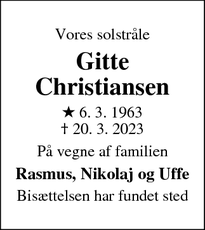 Dødsannoncen for Gitte
Christiansen - Skovlunde
