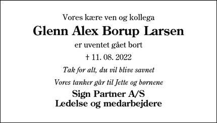 Dødsannoncen for Glenn Alex Borup Larsen - Esbjerg N