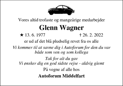 Dødsannoncen for Glenn Wagner - Middelfart