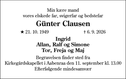 Dødsannoncen for G&uuml;nter Clausen - Aabenraa